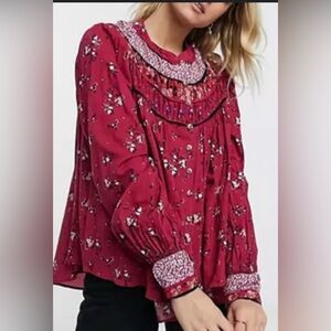 Free People Paloma Floral Button Up Peasant Blouse Top Berry Combo Oversized XS